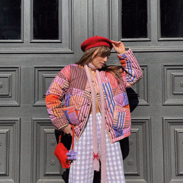 Organic cotton quilted warm jacket with snaps handmade vintage, timeless retro pattern, pink, purple orange & beige